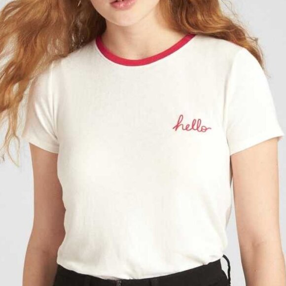 NEW! GAP embroidered HELLO Creamy Off-White ringer style t-shirt  - S Tall - Picture 1 of 1